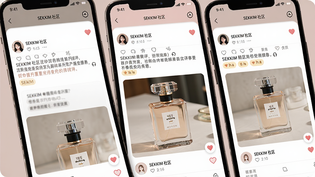 主体为多部手机屏幕拼接展示SEKKIM社区信息流,包含香评文字、香水瓶照片与点赞图标;布局为三屏错落排列;风格为社交应用截图风,暖灰与淡粉配色;细节包括头像圆圈、话题标签、心形图标;画质清晰干净,无杂乱元素,界面文字为“SEKKIM 社区”。