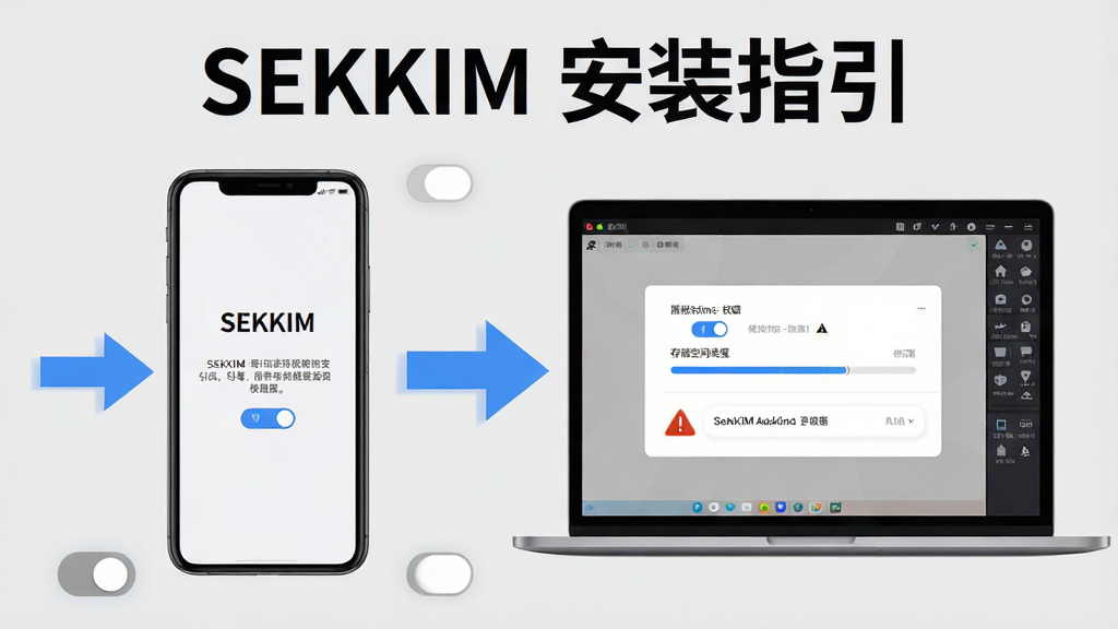主体为一部手机与笔记本电脑并排展示,手机屏幕为SEKKIM安装引导页,电脑屏幕为模拟器运行界面;布局为左右对比构图;风格为教程示意图风,浅灰背景配蓝色高亮箭头;细节包括权限开关图标、存储空间进度条、警告三角标志;画质清晰干净,无多余元素,画面文字为“SEKKIM 安装指引”。
