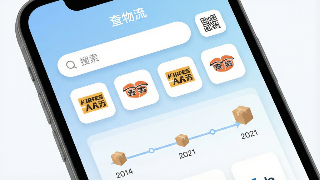手机屏幕中央展示“查物流”应用主界面,顶部为搜索框与扫码图标,下方为多个快递公司图标排列成网格,中间是一条包裹运输轨迹时间轴,背景为浅蓝到白色渐变,整体布局简洁清晰,风格为扁平化UI设计,细节包含圆角卡片、柔和阴影、图标描边统一,画质高清,干净,无多余元素