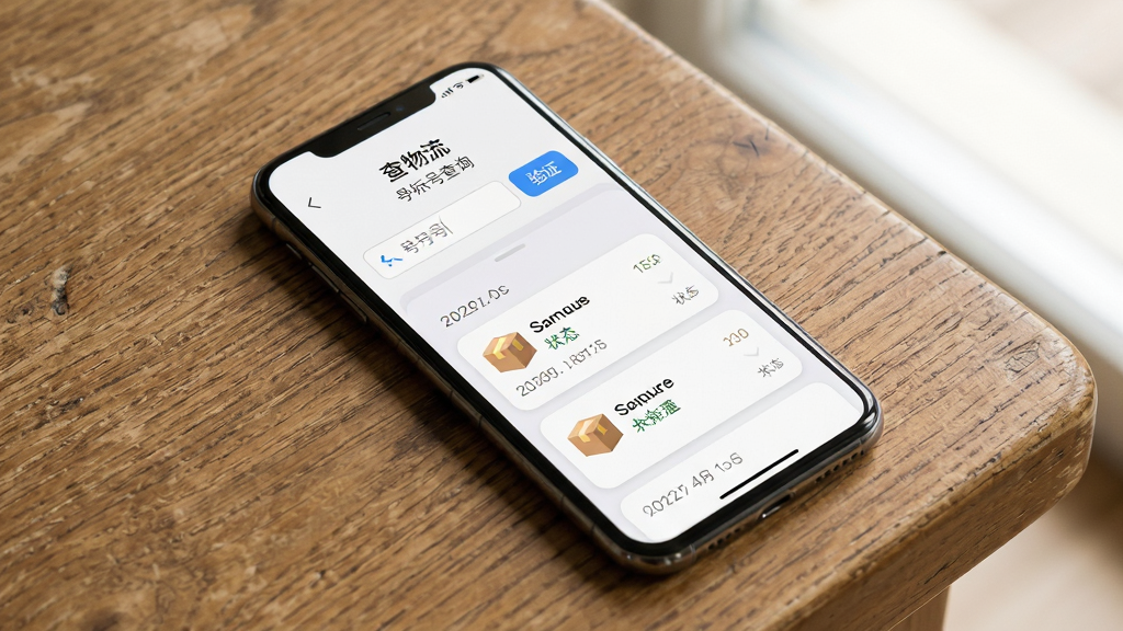 一部手机放置在木质桌面上,屏幕显示“查物流”手机号查询页面,页面上方为手机号输入框与验证按钮,下方为按时间排列的包裹卡片,每张卡片带有小包裹图标与状态文字,背景有柔和自然光,布局为俯拍视角,风格为生活化场景风,细节包含桌面木纹、手机边框高光、卡片圆角,画质高清,干净,无多余元素