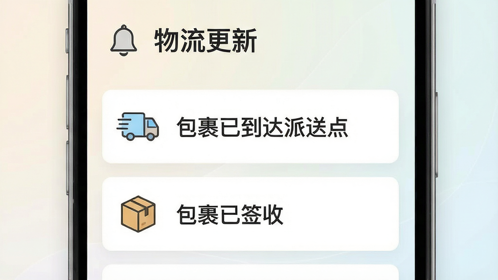 手机屏幕显示“查物流”消息提醒界面,顶部为铃铛图标与“物流更新”标题,中部为几条提醒卡片,分别写着“包裹已到达派送点”“包裹已签收”等状态文字,卡片左侧配有小货车与包裹图标,背景为浅色渐变,布局为上下结构,风格为清新扁平风,细节包含图标线条统一、卡片间距均匀、文字清晰,画质高清,干净,无多余元素