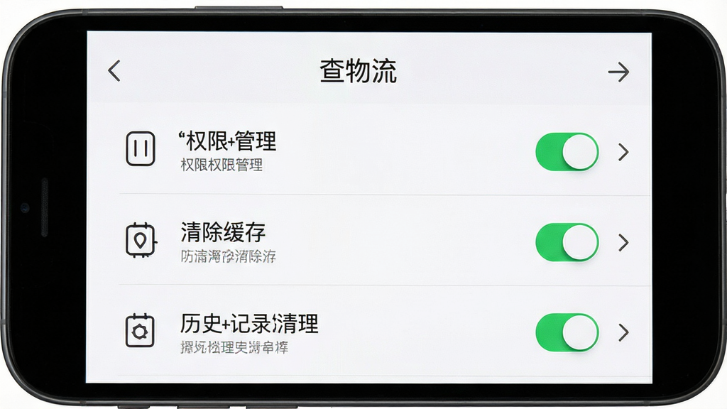 手机屏幕展示“查物流”应用设置页面,包含权限管理、清除缓存、历史记录清理等选项列表,页面右侧有开关按钮与箭头图标,背景为浅色界面,布局为纵向列表,风格为简约工具风,细节包含图标统一线条、文字层级分明、留白适中,画质高清,干净,无多余元素