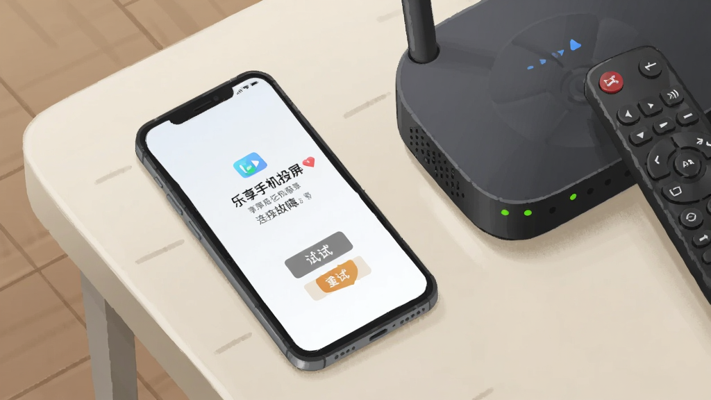 画面主体为一部手机放置在桌面上,屏幕显示“乐享手机投屏”的连接故障提示界面,旁边有一台路由器与电视遥控器,布局为桌面俯视构图,风格为生活化场景插画风,细节包含手机屏幕上的重试按钮与路由器指示灯,画质清晰柔和,背景干净整洁