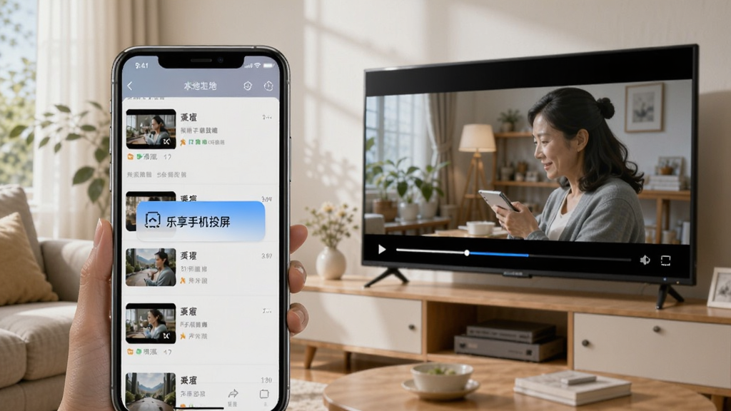 画面主体为一部手机与一台电视,手机屏幕显示本地视频文件列表,电视屏幕正在播放该视频画面,布局为手机在左电视在右的并列构图,风格为家庭娱乐场景写实风,细节包含手机界面上的“乐享手机投屏”推送按钮与电视画面中的播放进度条,画质清晰明亮,环境为温馨客厅