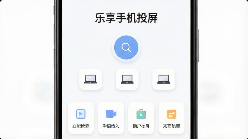 画面主体为一部手机的正视图,屏幕显示“乐享手机投屏”首页界面,界面上方为软件名称标题,中部为圆形搜索按钮与设备图标,下方为功能入口卡片排列,布局为上下分层式构图,风格为清爽浅色UI设计,细节包含圆角卡片与简洁图标,画质清晰干净,背景为纯白色无干扰