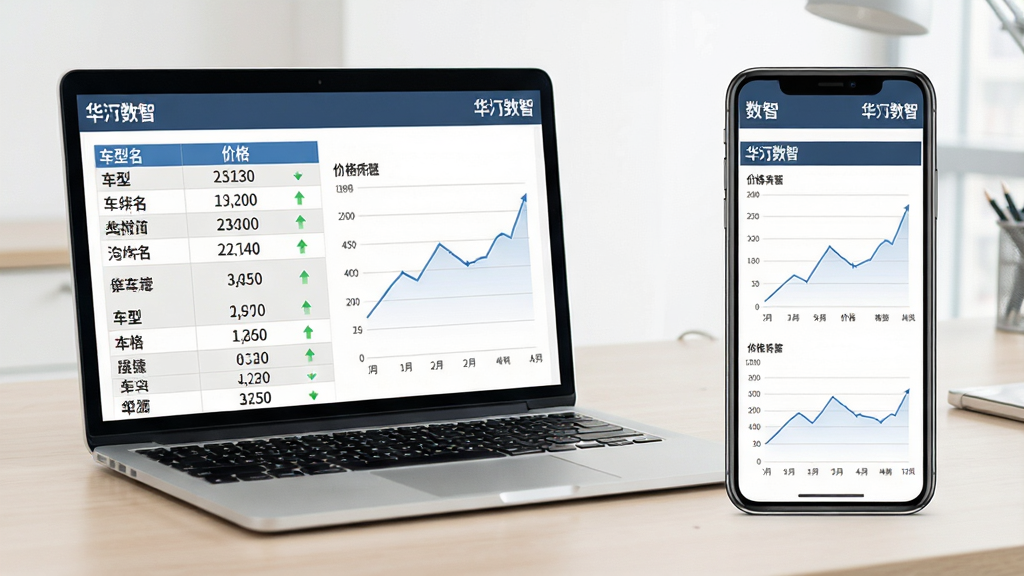 主体为一台打开的笔记本电脑与一部手机并排展示,两块屏幕同步呈现汽车价格数据表格与折线趋势图;布局为左右并列式,背景为浅色办公桌面;排版规整清晰;风格为数据可视化商务风;细节包含表格中的车型名称列、价格数字、上升下降箭头图标,屏幕角落标注“华汽数智”字样;画质清晰干净,无杂乱背景元素