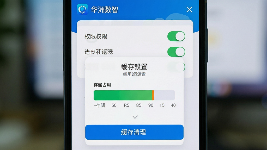 主体为一部手机屏幕特写,屏幕上显示应用权限设置页面与缓存清理按钮;布局为手机居中、背景虚化;排版突出中央弹窗提示;风格为实用教程示意风;细节包含权限开关列表、存储占用条形图、屏幕上方“华汽数智”应用名称;画质清晰干净,无多余装饰