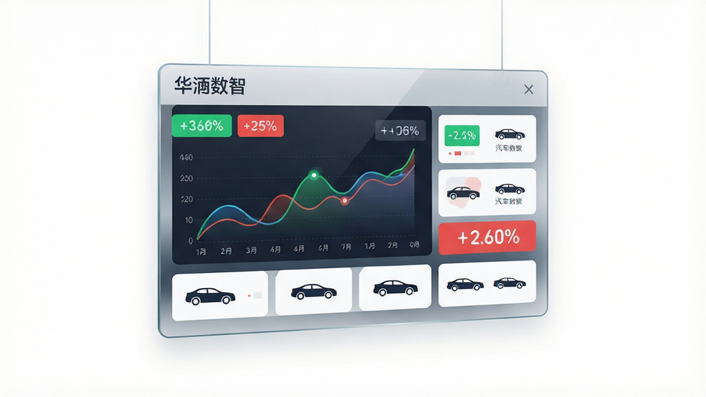 主体为一块悬浮的透明数据面板,面板上排列汽车行情走势折线图与涨跌百分比标签;布局为面板居中、四周留白;排版采用模块化卡片式;风格为轻科技扁平风;细节包含面板顶部的“华汽数智”品牌文字、绿色与红色涨跌色块、车型剪影小图标;画质高清,画面干净无多余元素