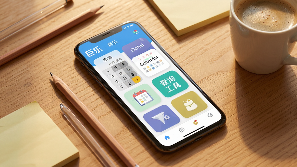 画面主体为“巨乐”应用中的实用工具集合界面,一部手机平放在木质桌面上,屏幕显示换算器、日历、查询工具等模块化卡片;手机旁散落铅笔、便签纸与咖啡杯,营造生活化办公氛围;采用写实与扁平结合的风格,暖色调光线,构图采用三分法布局,细节丰富,画质高清,背景干净整洁无冗余元素