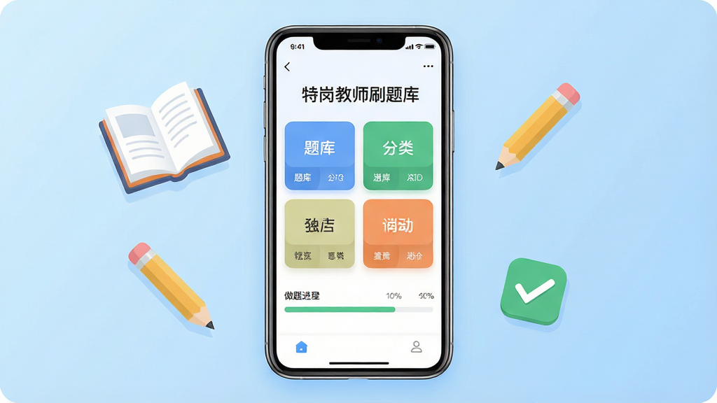 手机应用商店展示页风格,画面中央是一部竖屏智能手机,屏幕内显示“特岗教师刷题库”应用主界面,界面包含题库分类卡片和做题进度条,手机两侧漂浮着书本、铅笔、对勾图标,背景为浅蓝色渐变,主体突出,布局居中对称,扁平化设计风格,细节清晰干净,画质高清,无多余杂物
