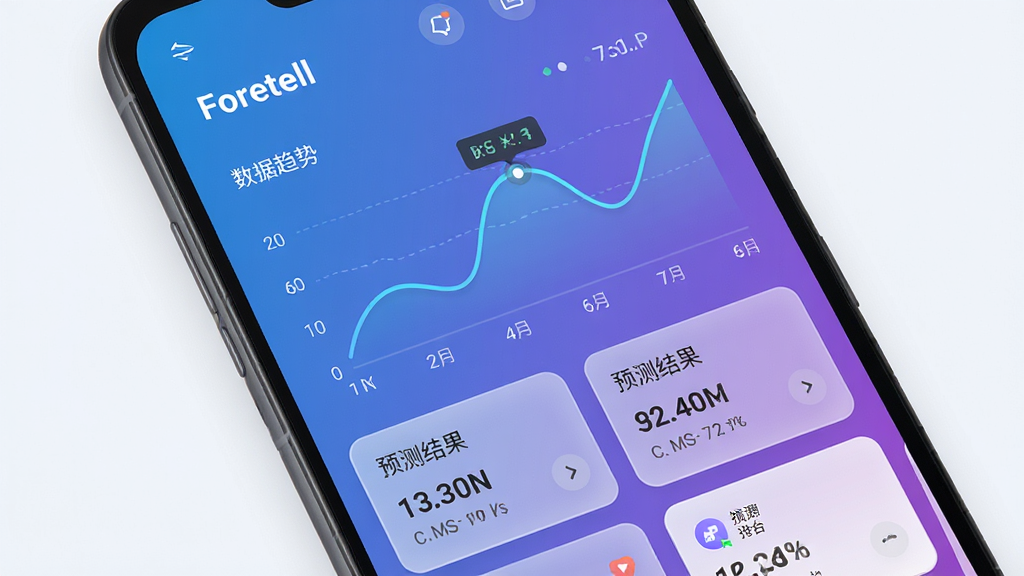 主体为一部安卓手机,屏幕显示Foretell应用主界面,布局为上下结构,上方是数据趋势折线图,下方是预测结果卡片列表,排版简洁清晰,风格为现代科技感扁平化设计,细节包含蓝紫色渐变背景、半透明玻璃拟态卡片、图表线条流畅、数字标注明确,画质高清干净无多余元素