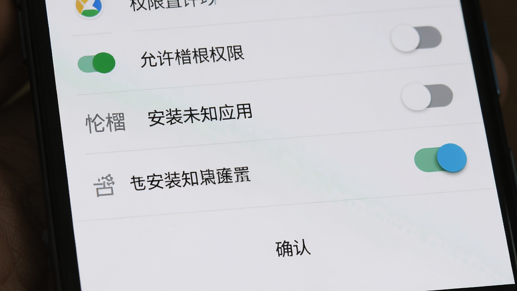 主体为手机屏幕显示Foretell安装权限设置界面,布局为上下结构,上方是权限开关列表,下方是确认按钮,排版清晰,风格为安卓原生设置界面风格,细节包含“允许安装未知应用”开关处于开启状态、背景为浅色、文字为中文、图标为系统默认样式,画质高清干净无多余元素