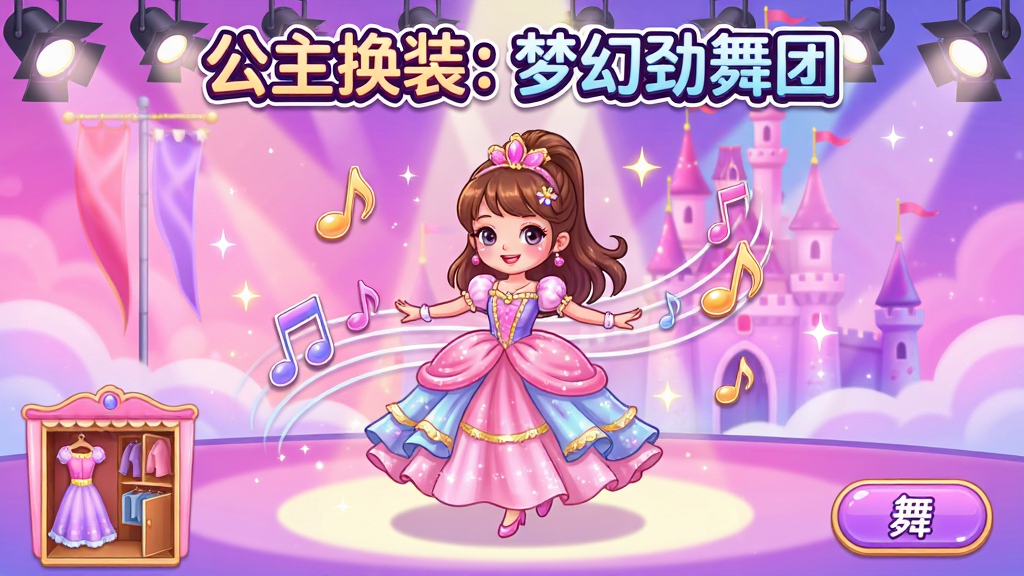 һ����ͨ�����λ���̨����������������һλ������������ȹ�Ŀɰ�Ů���������裬��Χ��������˸�ľ۹�ƺ�����Ԫ�أ������Ƿ�ɫ����ɫ������λóǱ������沼���Ϸ�Ϊ��Ϸ�������֡�������װ���λþ����š����·�Ϊ��װ�³����赸��ť��UIʾ�⣬����������Ψ����ɫ��������ϸ�ڷḻ�����ʸ��壬�ɾ��޶���Ԫ��