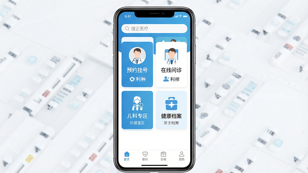 һ�������ֻ�Ӧ�ý���չʾͼ������Ϊ׿��ҽ��APP��ҳ������������ʾ�ֻ���Ļ����Ļ�ڳ���ԤԼ�Һš������������ר�������������ĸ�������ڿ�Ƭ������������У��Ű�������½ṹ�����Ϊ����ҽ������ɫ����ϸ�ڰ����������������ײ���������ҽ��ͷ�������ͼ�꣬���ʸ���ɾ����޶���װ��Ԫ��