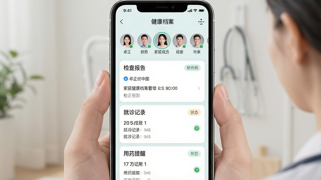 һ�ż�ͥ����������������չʾͼ������Ϊ׿��ҽ��APP��������ҳ�棬�����Ϸ�Ϊ��ͥ��Աͷ���л������·�Ϊ��鱨�桢�����¼����ҩ����������Ϣģ���������У��Ű�����������ȷ�����Ϊ���ǳɫϵҽ�Ʒ��ϸ�ڰ���������Ƭ��ʱ���ǩ��״̬ͼ�꣬���ʸ���ɾ����޶���Ԫ��