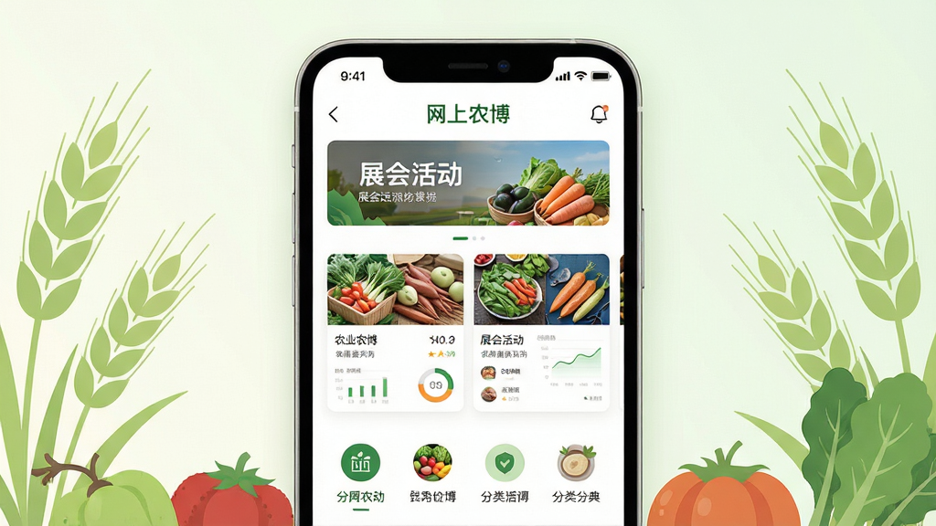 ����������һ�������ֻ�����չʾ���ֻ���Ļ�ڳ�������ũ��Ӧ�õ������棬�����а���ũ��Ʒչʾ��Ƭ��չ���������ർ��ͼ�ꣻ���ֲ��þ��жԳƹ�ͼ���ֻ������Ե���ɫ�������߹�Ԫ�ص�׺���Ű�ͻ���ֻ���Ļ���������ɶ�������Ϊǳɫ���䣻���Ϊ�ִ���ƽ��UIչʾ���ɫ��������Ȼ��ϸ�����ֻ��߿�Բ����Ļ�������ԡ�����ũ�����������֣���Χ������ͼ����ũ��Ʒ����ͼ�����ʸ��壬����ɾ����޶���Ԫ��