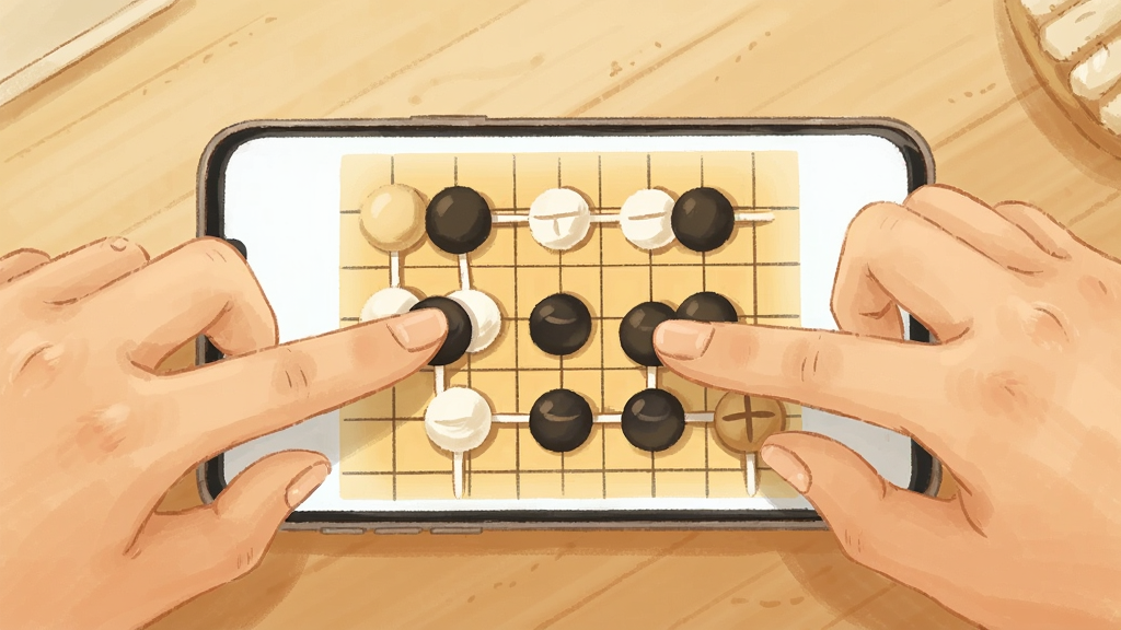 主体为两只手在同一部手机屏幕两侧轮流落子的场景,屏幕中五子棋棋盘占据中央,布局采用俯视视角的对称构图,排版上手机位于画面中心,双手从左右两侧伸入,风格为温暖生活化插画,细节刻画手指动作与屏幕光感,背景为浅木色桌面,画质柔和清晰,画面干净,无多余元素