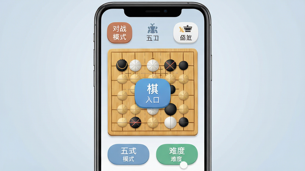 主体为一部手机屏幕显示五子棋应用主界面,界面中央为棋盘入口按钮,四周分布对战模式与难度选择图标,布局采用正面平视构图,排版上手机居中、界面元素层次分明,风格为清爽扁平化UI展示图,细节刻画按钮圆角与图标线条,背景为浅蓝灰渐变,画质干净锐利,画面无多余元素