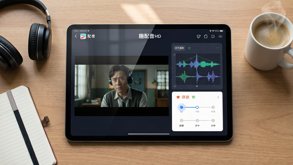 画面主体为一款平板电脑横屏放置于木质书桌上,屏幕中显示“趣配音HD”软件的视频配音界面,左侧为影视片段画面,右侧为波形图与评分面板。布局采用中心对称构图,平板电脑位于画面正中央,周围散落着耳机、笔记本与一杯热咖啡。排版简洁清晰,风格为现代科技教育风,细节上屏幕反光自然,界面UI元素清晰可见,画质高清,画面干净,无多余杂乱元素。