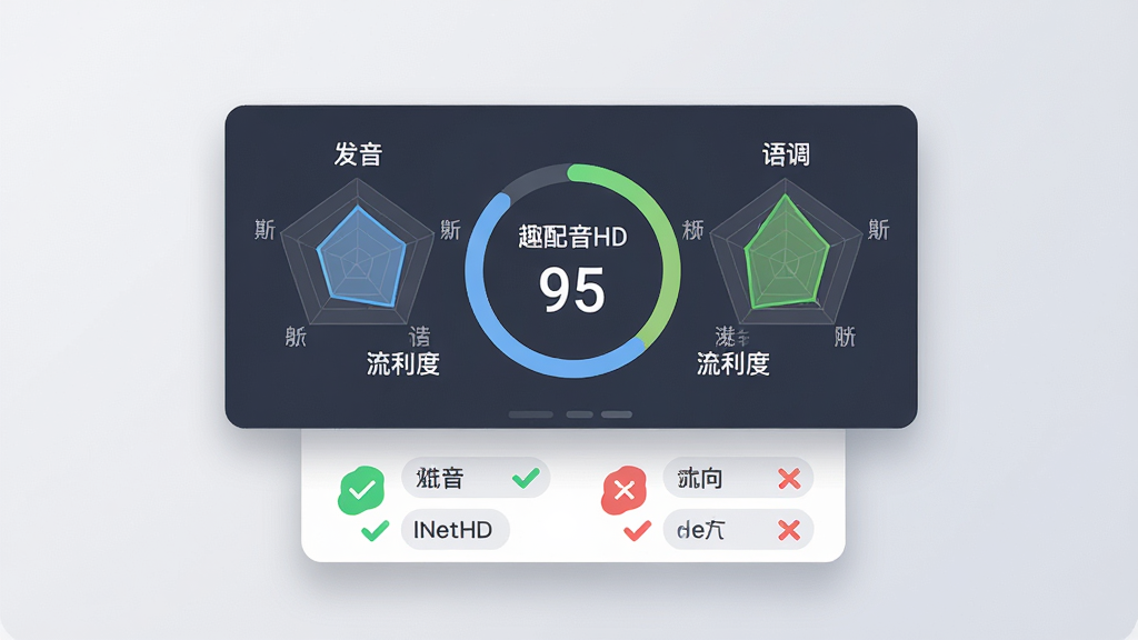 画面主体为一个悬浮的智能语音评分面板,面板中央显示着“趣配音HD”的评分环形图,分数为95分,环形图周围环绕着发音、语调、流利度三个维度的雷达图。布局采用悬浮卡片式设计,面板下方有绿色对勾与红色叉号标注的单词列表。风格为简洁明快的扁平化UI风格,细节上面板带有轻微投影,背景为柔和的浅灰色,画质高清,画面干净,无多余元素。