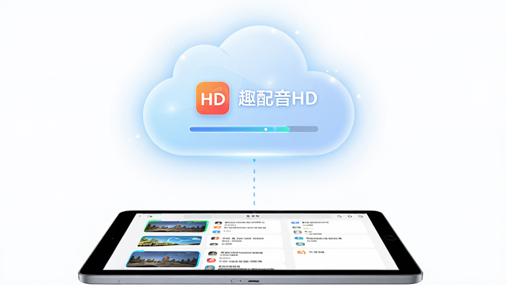 画面主体为一朵发光的云朵图标与一台平板电脑通过虚线连接,云朵中显示着“趣配音HD”的图标与同步进度条,平板电脑屏幕上显示着已下载的素材列表。布局采用上下结构,云朵在上方,平板在下方。风格为简约科技风,细节上云朵边缘有柔和光晕,背景为纯白色,画质高清,画面干净,无多余元素。