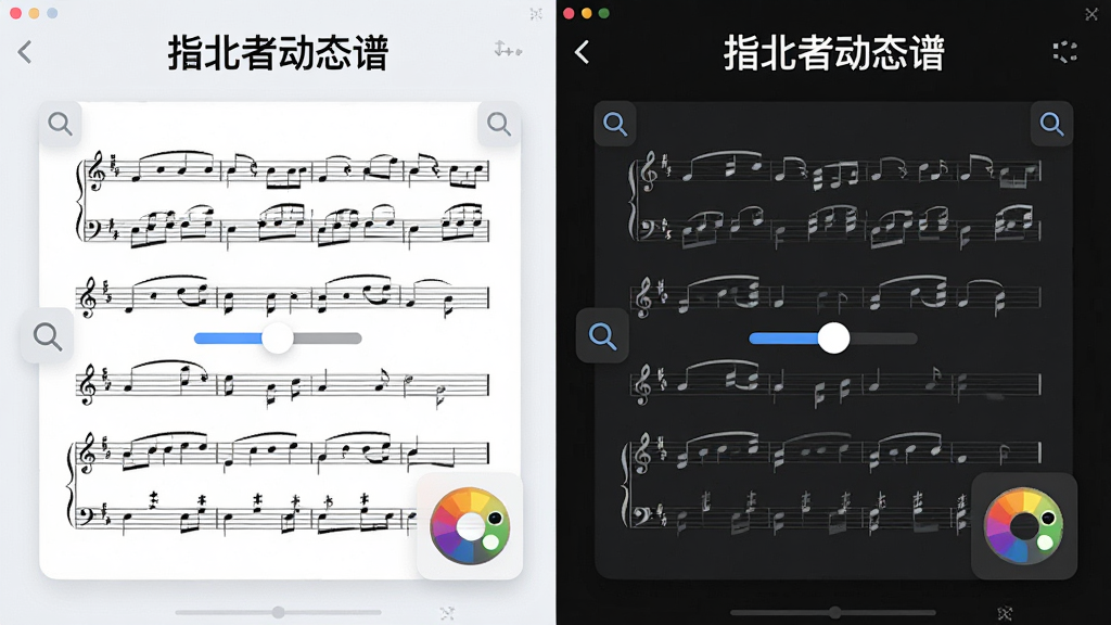一张分屏对比示意图,左侧为浅色背景的乐谱显示界面,右侧为深色背景的同一乐谱界面,两块屏幕上方均标注