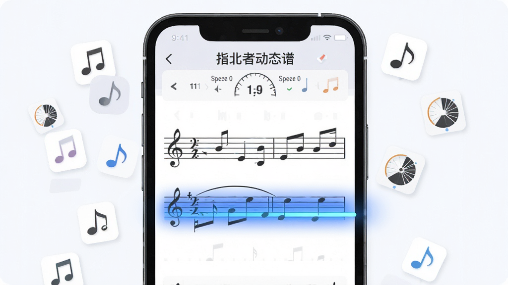 一张横向构图的界面示意图,主体为手机屏幕中的乐谱页面,页面上有一条蓝色高亮光带正沿着五线谱缓缓下移,屏幕顶部显示