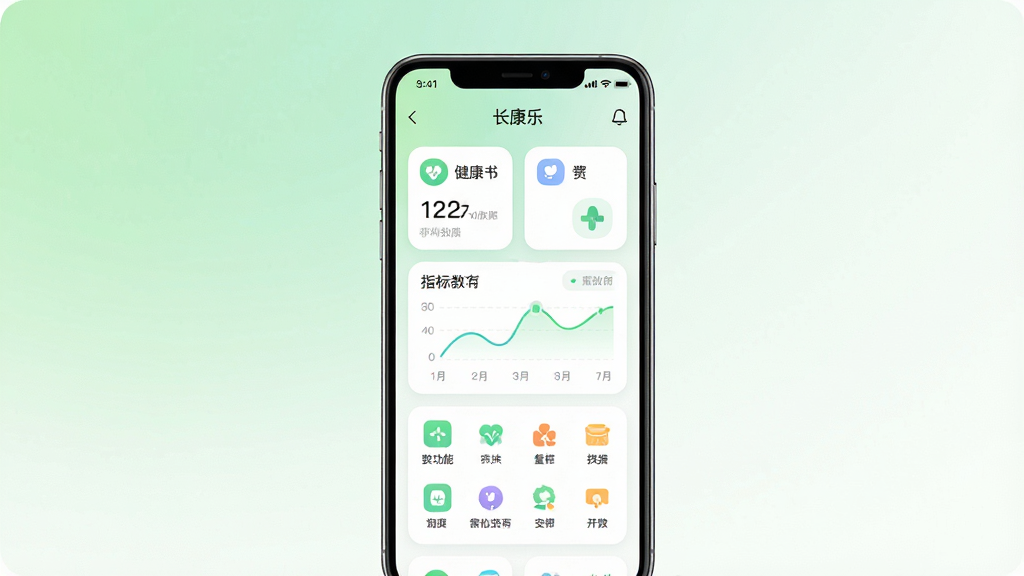 一张展示“长康乐”手机应用主界面的竖版预览图,画面中央是一部智能手机,屏幕内呈现健康数据卡片、指标曲线与功能入口图标,布局简洁清晰,背景为柔和的浅绿色与白色渐变,风格现代清爽,细节包含圆角卡片与扁平化图标,画质高清,干净,无多余元素