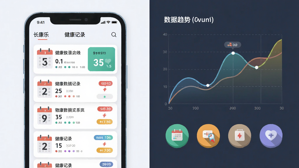 一张表现“长康乐”健康数据记录功能的示意图,画面左侧为手机界面展示多条健康记录列表,右侧为数据趋势曲线与分类图标,布局左右分栏,风格扁平化插画,细节包含日历标记、数值卡片与彩色标签,画质清晰,干净,无多余元素