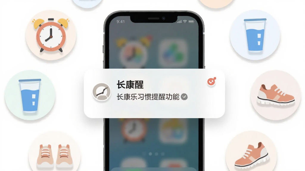 一张表现“长康乐”习惯提醒功能的插图,画面中央为手机弹出提醒通知卡片,周围环绕闹钟、水杯、运动鞋等小图标,布局环状围绕,风格清新扁平,细节包含柔和阴影与圆角元素,画质清晰,干净,无多余元素