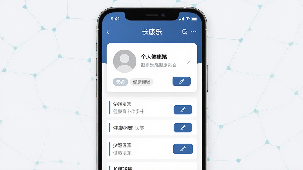 一张展示“长康乐”个人健康档案页面的示意图,主体为手机界面呈现档案卡片与信息条目,布局上下结构清晰,风格简约商务,细节包含头像占位、分类标签与编辑按钮,画质高清,干净,无多余元素
