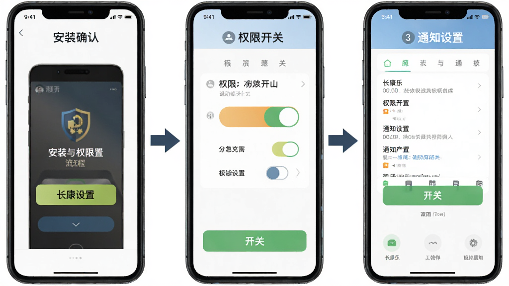 一张表现“长康乐”安装与权限设置流程的示意图,画面以手机界面分步展示安装确认、权限开关与通知设置三个环节,布局横向三步排列,风格教程图解,细节包含箭头引导与高亮按钮,画质清晰,干净,无多余元素