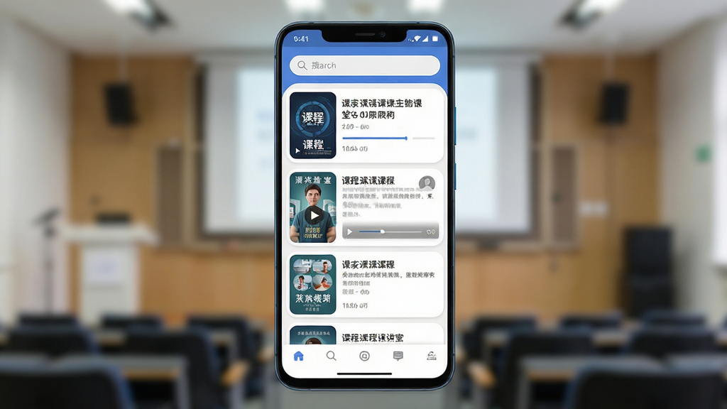 主体为中至远大讲堂手机应用界面展示,画面中央一部竖屏安卓手机,屏幕上呈现课程列表与视频播放页,布局采用左右分栏,左侧为课程封面缩略图,右侧为标题与进度条,排版干净整齐,风格为现代扁平化科技风,细节包括顶部搜索栏、底部导航栏、课程卡片圆角设计,画质高清,画面干净,无多余元素