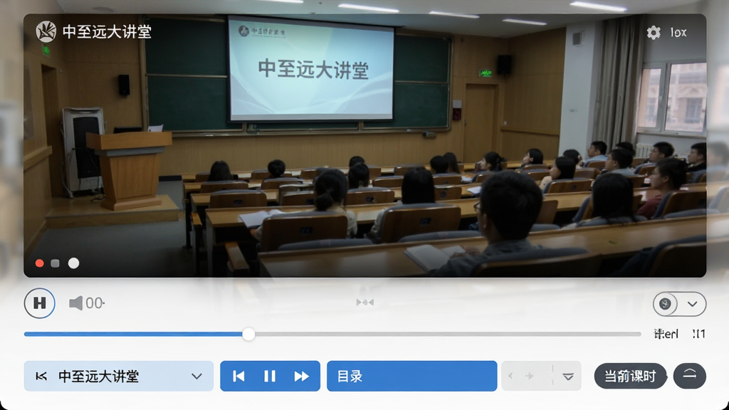 主体为中至远大讲堂视频播放界面,布局为上半部分视频画面下半部分课程目录,排版突出播放控制条与倍速按钮,风格简洁播放器风,细节包括进度条、清晰度切换图标、目录高亮当前课时,画面中出现“中至远大讲堂”文字标识,画质高清,画面干净,无多余元素