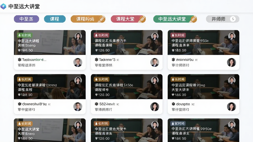 主体为中至远大讲堂课程分类页面,布局为顶部横向标签栏加下方瀑布流课程卡片,排版采用三列网格,风格清新教育风,细节包括彩色分类标签、课程时长角标、讲师头像小图标,画面中出现软件名称“中至远大讲堂”字样,画质清晰,画面干净,无多余元素