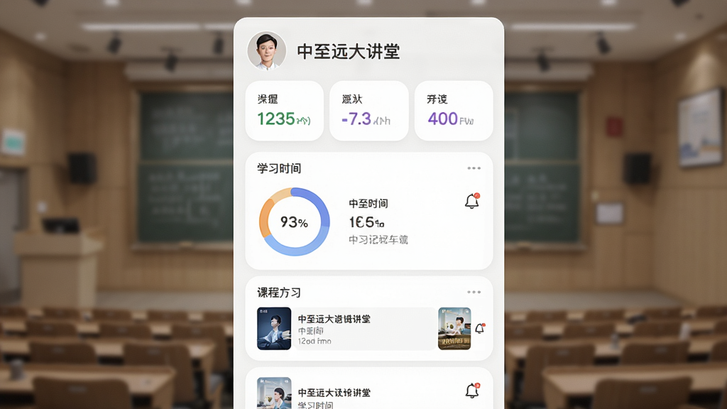 主体为中至远大讲堂个人中心学习记录页面,布局为顶部头像与数据统计卡片下方学习列表,排版采用纵向信息流,风格柔和圆角风,细节包括学习时长环形图、课程封面小图、消息铃铛图标,画面中出现“中至远大讲堂”字样,画质高清,画面干净,无多余元素