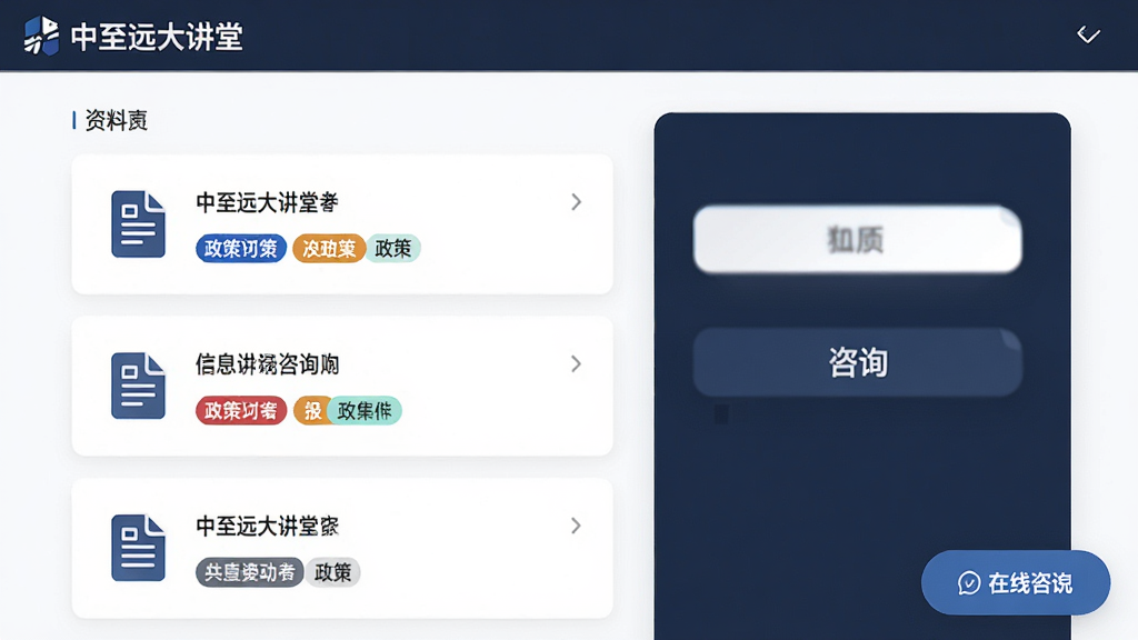 主体为中至远大讲堂资料与咨询页面,布局为左侧资料列表右侧咨询按钮,排版采用卡片式信息流,风格商务简洁风,细节包括文档图标、政策标签、在线咨询悬浮按钮,画面中出现软件名称“中至远大讲堂”,画质清晰,画面干净,无多余元素