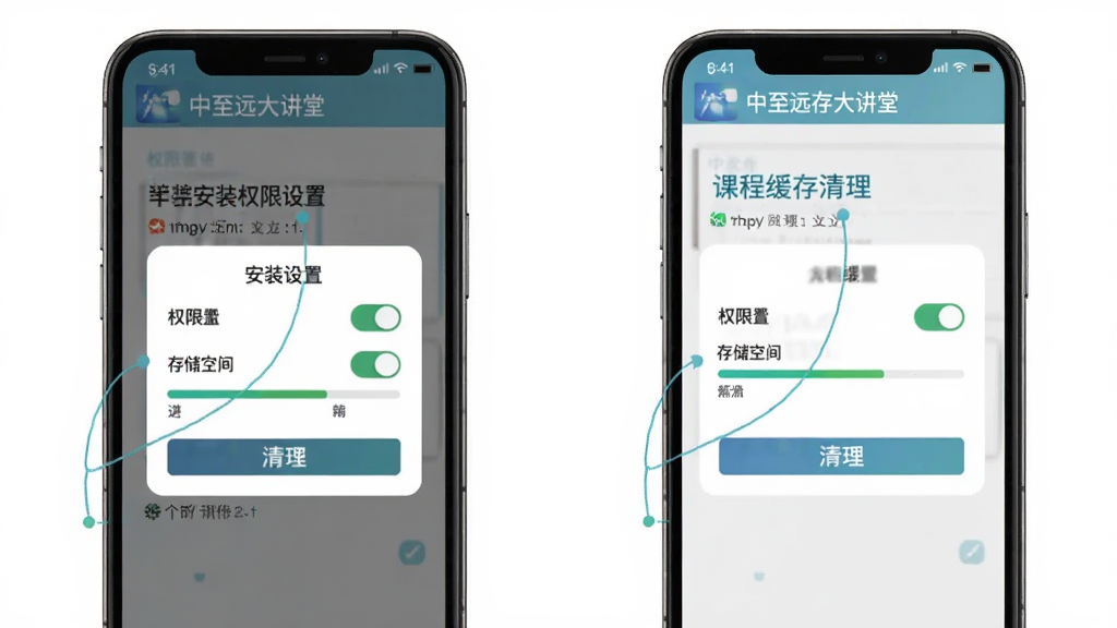 主体为中至远大讲堂手机端操作示意图,布局为一部手机展示安装权限设置弹窗与课程缓存清理页面,排版左右并排两个手机画面,风格教程图解风,细节包括权限开关、存储空间进度条、清理按钮,画面中出现“中至远大讲堂”文字,画质清晰,画面干净,无多余元素