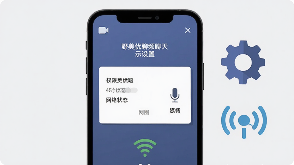 野美优聊视频聊天交友移动端操作指引示意图,主体为手机屏幕展示权限设置与网络状态界面,布局上手机居中、右侧配有齿轮与信号图标,排版简洁直观,风格为扁平化信息图风格,细节包含摄像头图标、麦克风图标与WiFi信号标识,背景为浅灰纯色,画质清晰干净,无多余元素