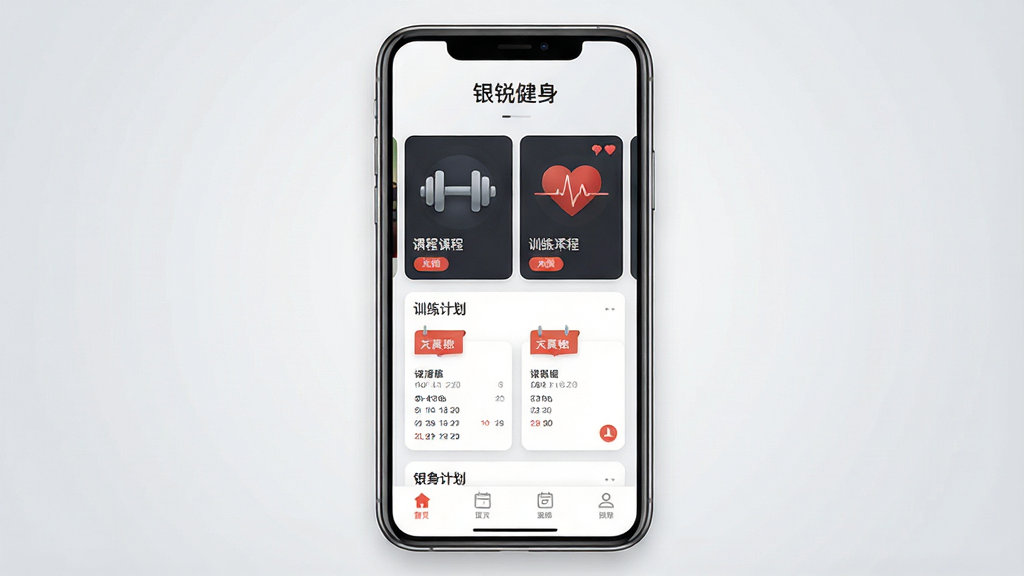 一张手机应用界面展示图,画面主体是一部竖屏智能手机,屏幕内显示健身类App首页,顶部有“银锐健身”字样,中部为课程卡片与训练计划模块,底部为导航栏;布局居中对称,背景为浅灰渐变,风格现代简洁,细节包含哑铃图标、心率曲线、日历标签;画质清晰,干净,无多余元素
