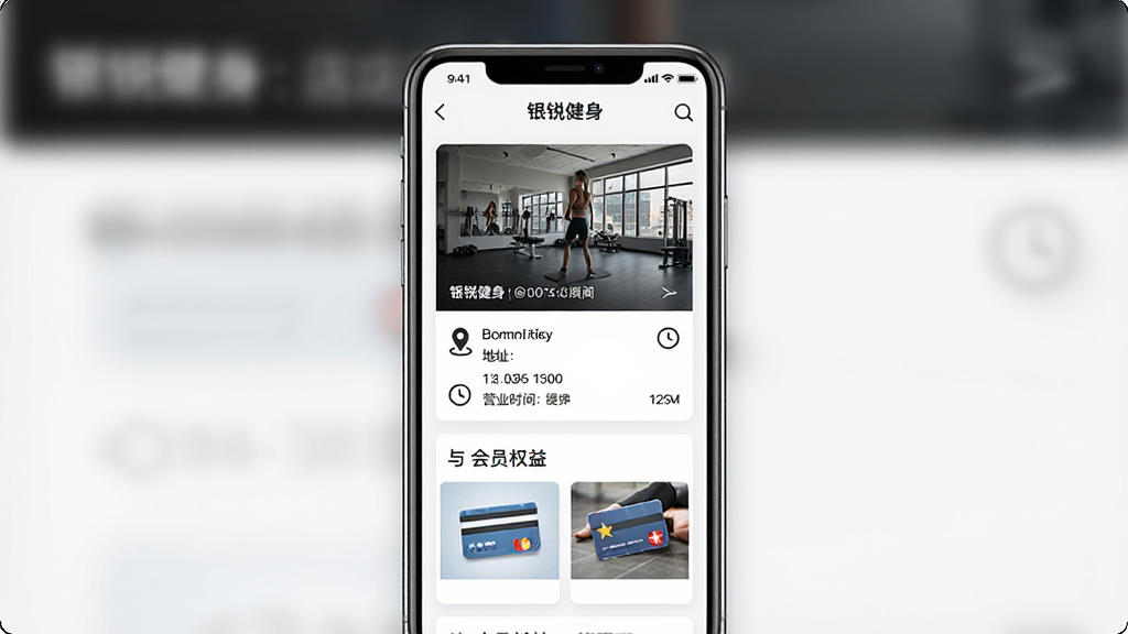 一张门店服务页面示意图,画面主体为手机屏幕,屏幕内显示“银锐健身”门店详情页,包含门店照片、地址、营业时间与会员权益卡片;布局为卡片式纵向排列;风格干净商务运动风,细节包含定位图标、时钟图标、会员卡样式;画质清晰,干净,无多余元素