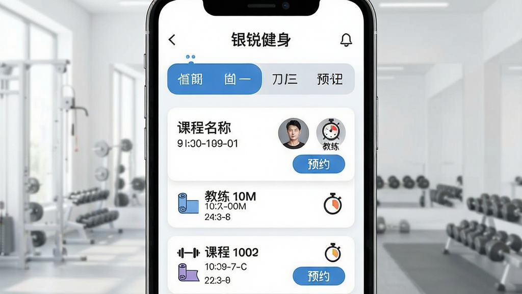 一张健身课程预约界面示意图,画面主体为手机屏幕,屏幕内显示“银锐健身”课程日历,包含课程名称、时间、教练头像与预约按钮;布局为上下结构,上方为日期选择条,下方为课程列表卡片;风格清爽运动风,细节包含杠铃、瑜伽垫、计时器图标;画质清晰,干净,无多余元素