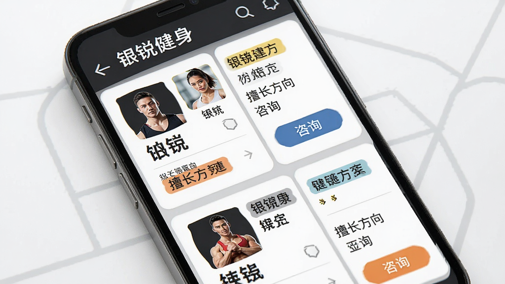 一张教练介绍页面示意图,画面主体为手机屏幕,屏幕内显示“银锐健身”教练列表,包含教练头像、姓名、擅长方向标签与咨询按钮;布局为网格卡片排列;风格专业运动风,细节包含人物头像框、标签色块、按钮;画质清晰,干净,无多余元素