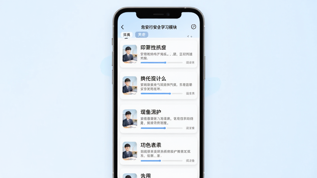 危安行安全学习模块界面,手机屏幕展示图文列表,每条内容包含标题、摘要与阅读进度条,背景为柔和浅色,风格偏学习类应用,细节上突出进度条与分类标签,画质清晰,排版整齐干净