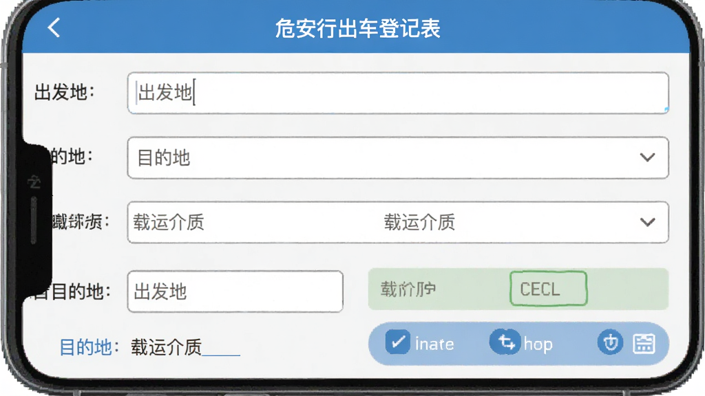 危安行出车登记表单页面,手机界面显示输入框与下拉选项,包含出发地、目的地、载运介质等字段,风格为表单类应用界面,布局纵向排列,细节上体现实输入框与选择器样式,配色简洁,画质清晰干净