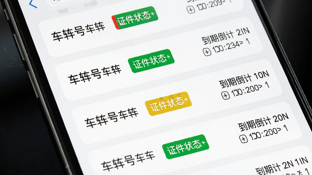 危安行车辆台账功能界面,手机屏幕特写展示车辆信息列表,每行包含车牌号、证件状态标签与到期倒计时,背景为浅色卡片式布局,风格扁平化办公应用,细节上突出状态标签的红黄绿三色区分,画质清晰,干净无杂乱元素