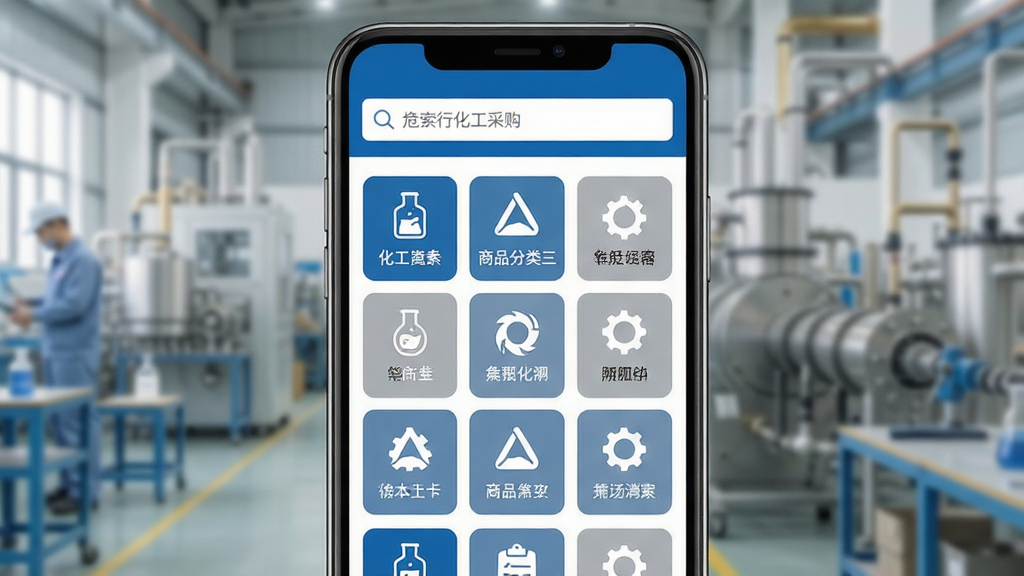 危安行化工采购页面,手机竖屏显示商品分类列表与搜索框,页面风格清爽,布局采用上下结构,顶部搜索栏下方为分类图标网格,细节上体现化工品类图标与文字说明,配色以蓝白灰为主,画质清晰干净,无多余装饰元素