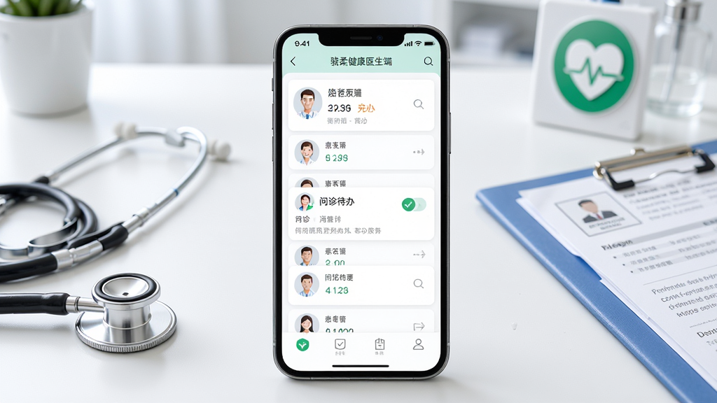 骁柔健康医生端APP主界面展示,画面中央是一部智能手机,屏幕内呈现患者列表与问诊待办卡片,背景为整洁的诊室桌面,主体为手机与软件界面,布局居中对称,排版清爽,风格为现代医疗科技风,细节包括听诊器、病历夹、绿色健康标识,画质高清,干净无多余元素