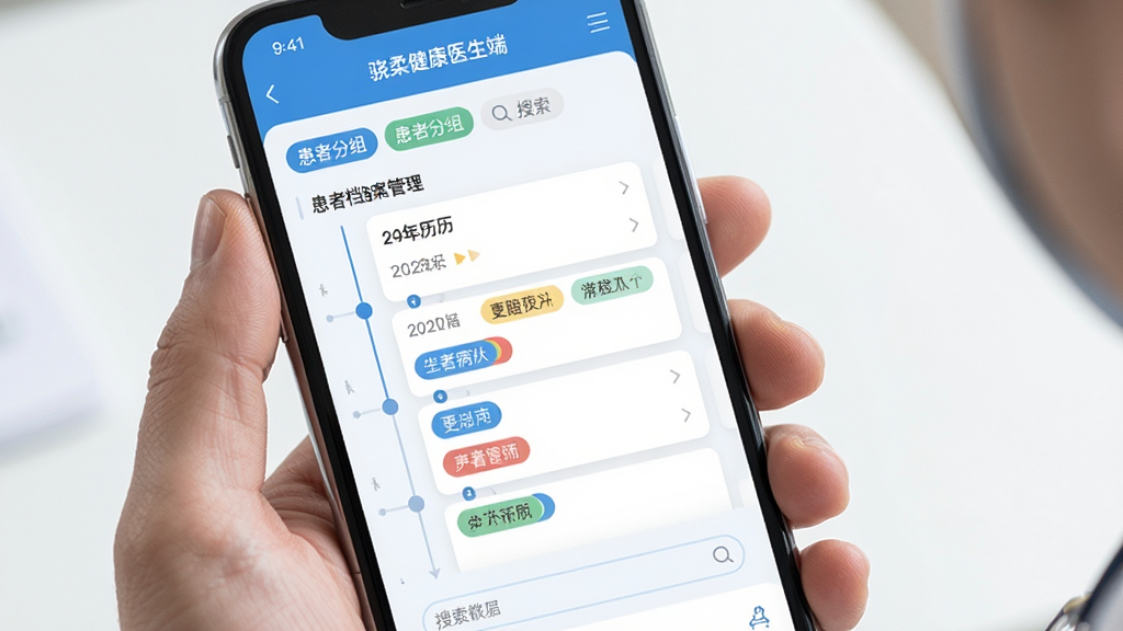 骁柔健康医生端APP患者档案管理界面,画面展示手机屏幕内的时间轴病历卡片与患者分组标签,主体为手持手机的特写,布局为界面居中放大,排版突出档案列表,风格为简洁医疗蓝白配色,细节包括时间轴节点、标签色块、搜索框,画质清晰,干净无多余元素