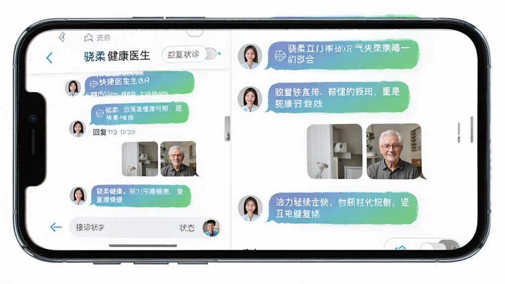 骁柔健康医生端APP在线问诊聊天界面,画面为手机屏幕内医生与患者的图文对话气泡,主体为手机与对话列表,布局左右分栏展示消息流,排版清晰,风格为轻量社交医疗风,细节包括快捷回复按钮、图片缩略图、接诊状态开关,画质高清,干净无多余元素